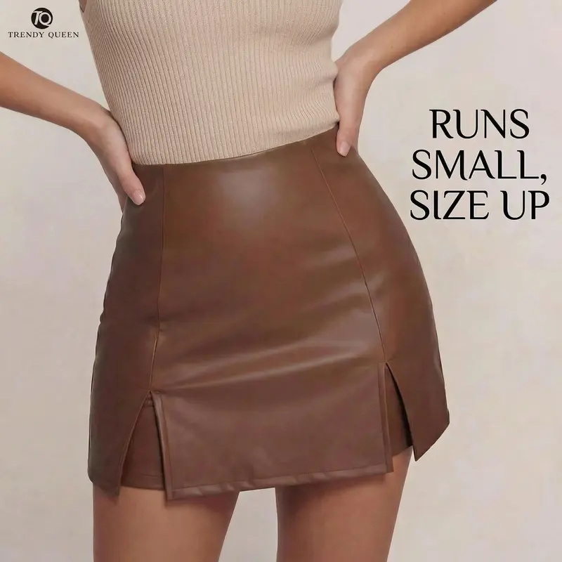 TrendyQueen Wome's Solid Color Zipper Split Hem High Waist Skirt Shorts, Fashion Casual PU leather Skirt Shorts for Daily Outdoor Wear, Ladies Bottoms for Summer