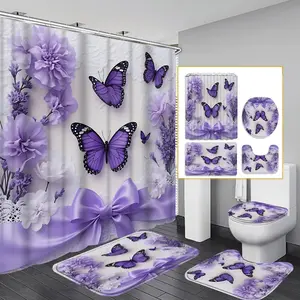 1PC/4PCS 2D Purple Butterflies and Floral Decor Multicolor shower curtain with a design for home bathroom decor, Bathroom decoration accessories, shower curtain set includes 12 hooks, non-slip bath mat, U-shaped mat, toilet seat cover