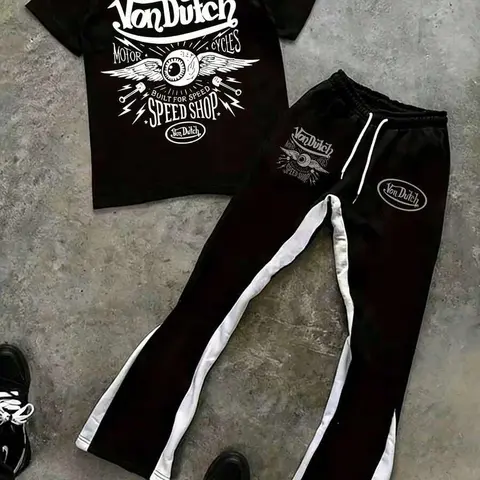Men's 2-Piece Casual "Speed Shop" Graphic T-Shirt & Track Contrast Side Stripe Flare Track Pants Set, Y2K Streetwear with Prints for Sneakers Pairing