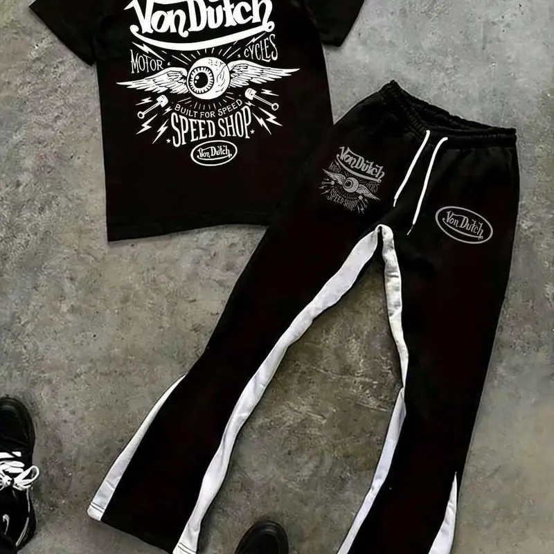 Men's 2-Piece Casual "Speed Shop" Graphic T-Shirt & Track Contrast Side Stripe Flare Track Pants Set, Y2K Streetwear with Prints for Sneakers Pairing