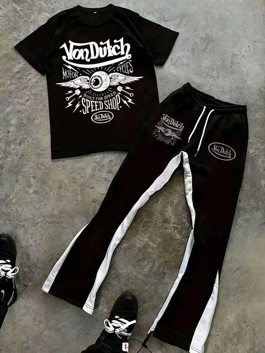 Men’s Inspired "Speed Shop" Graphic Tee & Track Contrast Side Stripe Flare Pants Pants Set | Y2K Streetwear Flared