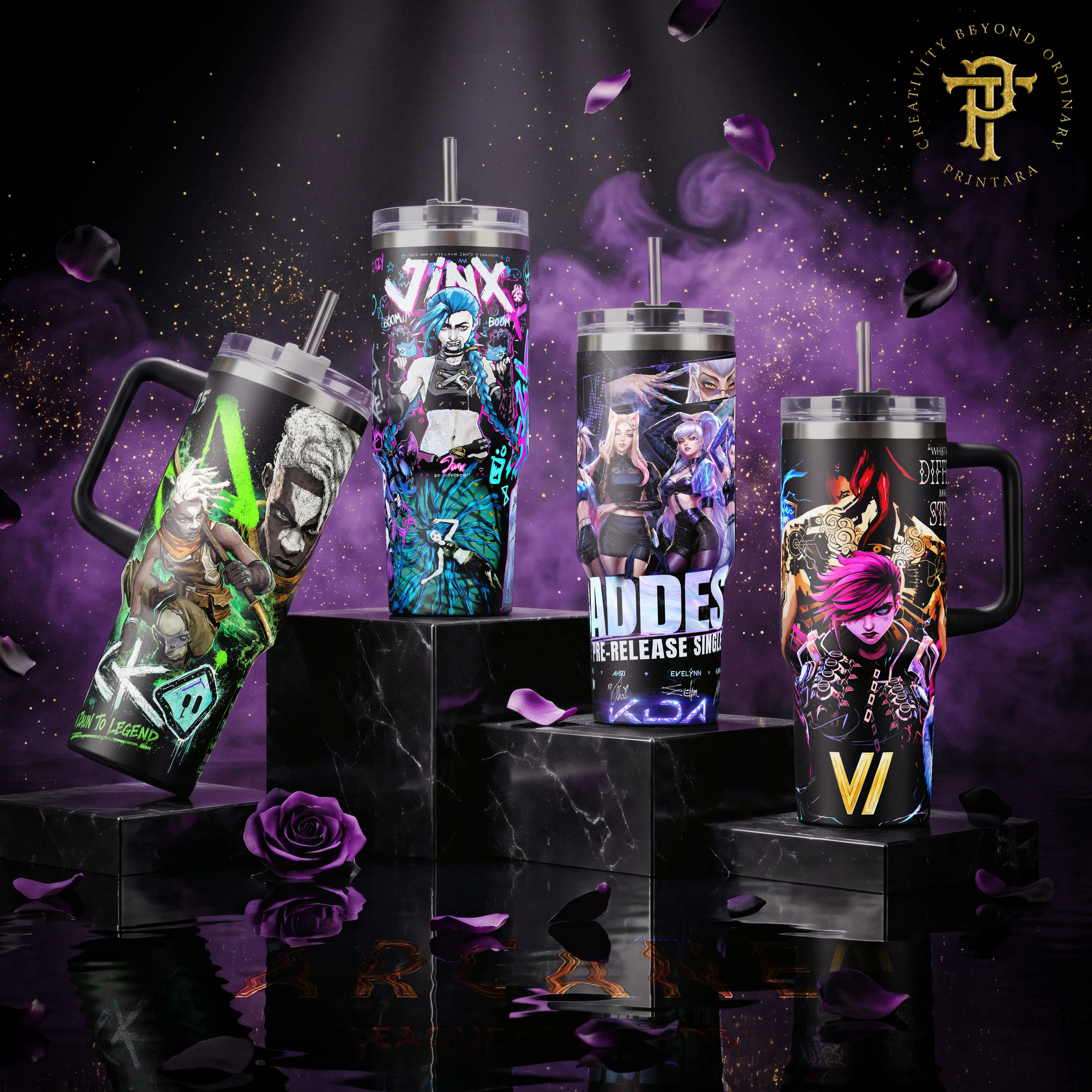 Ekko Jinx Vi KDA Arcane Zaun Legend 40 20 oz Insulated Tumbler Stainless Steel Handle Straw Keeps Drinks Hot Cold Green Time Gaming Merch For Fans Drinkware Bottle Plastic Reusable