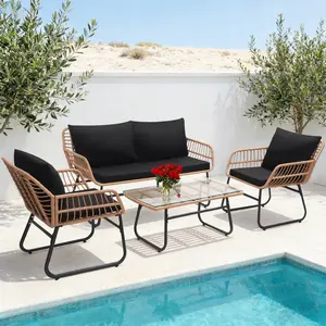 4-Piece Outdoor Wicker Furniture Set - Sofa & 2 Rattan Chairs, All-Weather Cushions, Natural Rattan with Beige Cushions, Perfect for Patio or Garden, Ideal for Enhancing Outdoor Space