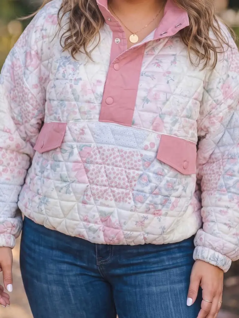 Women’s Plus Size Floral Quilted Sweatshirt, V Neck Long Sleeve Casual Pullover with Colorblock Trim and Decorative Pocket Detail, Relaxed Fit Soft Top for Everyday Wear ,Casual, Essential, Tops, Womenswear