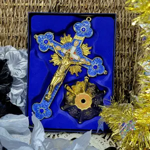 INRI Crucifix Altar Stand With Detachable Base  9 " Blue And Gold In Gift Box
