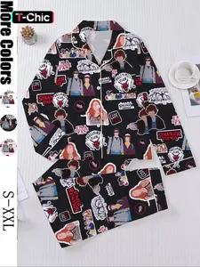 Women's Sleepwear Set, Netflix Stranger Things Print, Long Sleeve Button-Down Soft Top & Elastic Pants, Casual All-Season Home Wear, Comfortable for Daily Wear, Soft Knit Pajama Set, Loungewear, Pjs, Homewear