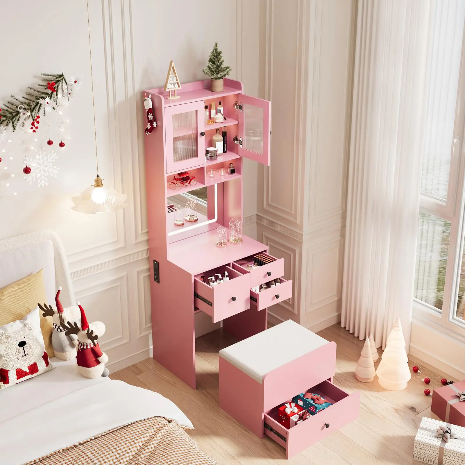 Garvee Vanity Desk with Sliding LED Mirror, Makeup Dressing Table with 4 Drawers