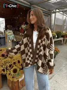 Women's Plaid Checkered Knit Cardigan, Lantern Sleeve Loose-Fitting Sweater, Casual Fall & Winter Fashion, Unique Design, Style, New Arrival, Womenswear, Knitwear