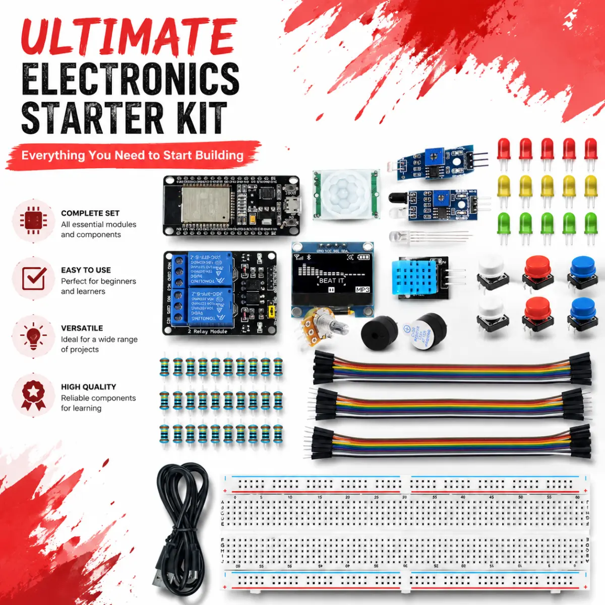 ESP32 IoT Learning Kit with WiFi & Bluetooth, 0.96" OLED Display, Temperature Humidity PIR Motion Sensor, Relay Module – Wireless Control Development Board for Arduino STEM Projects