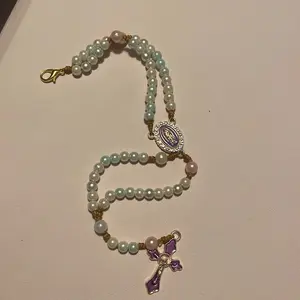 Multi colored Pearl Rosary Bracelet with purple virgin de Guadeloupe and crucifix