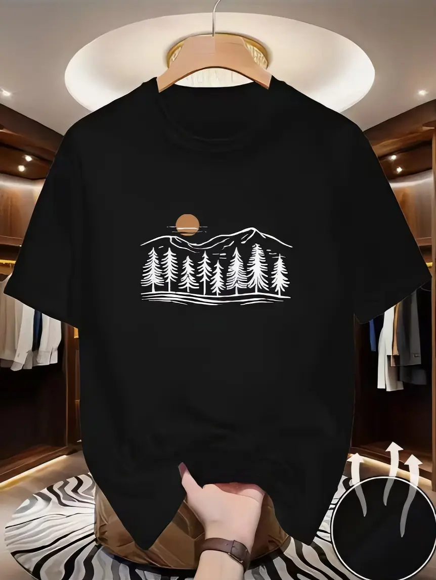 Forest Design T-Shirt for Men - Black Color with Mountain and Tree Print - Comfortable and Stylish