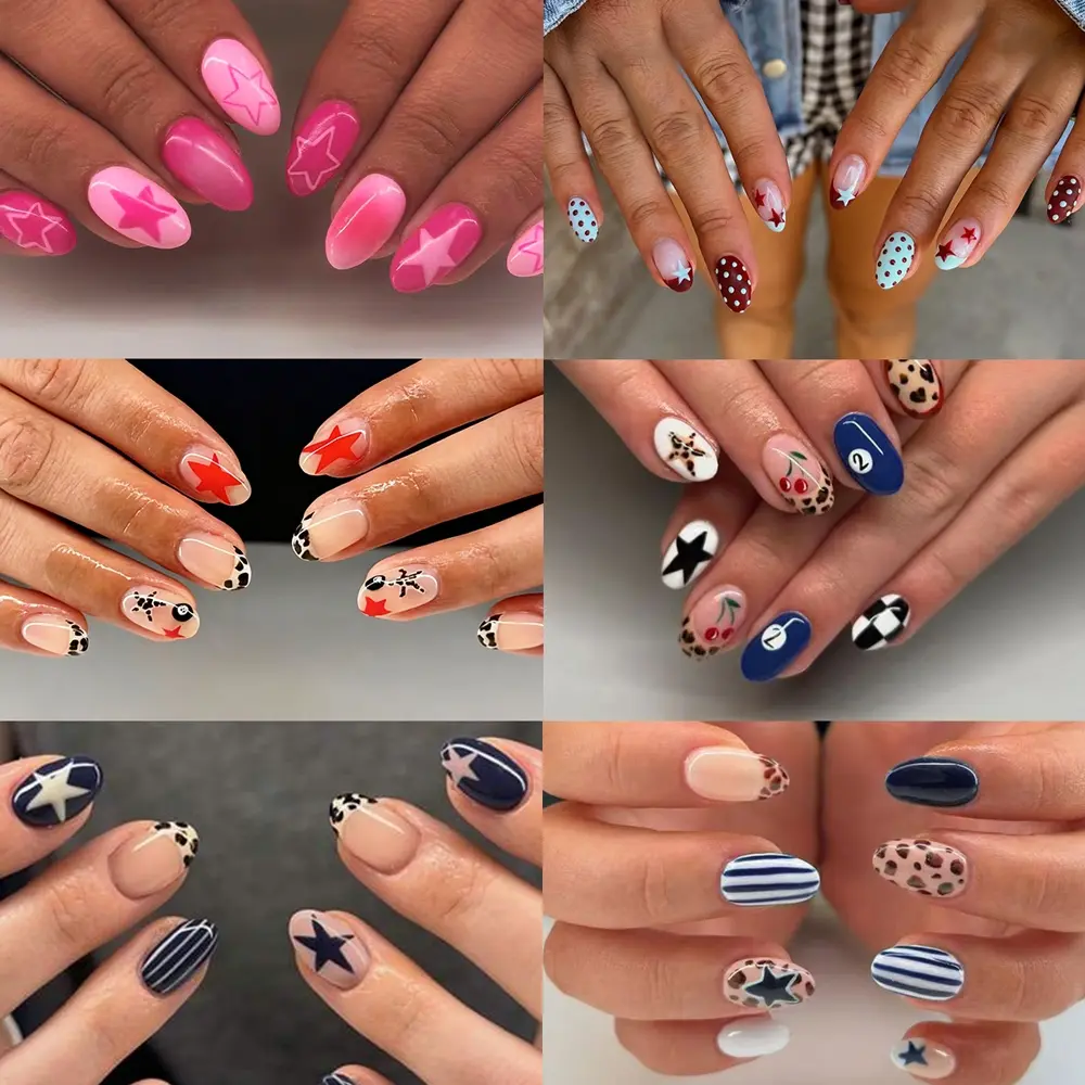 144pcs Short Oval Acrylic Nails Set, Fake Nails, Decorative Nails, Mixed Designs Including Stars, Leopard Print, Stripes, French, Polka Dots, Cherry Pattern, Acrylic Nail Art Kit, Glossy False Nails