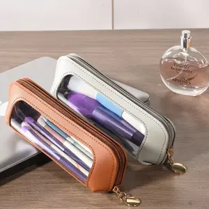 Transparent PU Pencil Case with Window Makeup Brush Storage Bag Ins Japanese Style Large Capacity Student High-Value Storage Transparent Bag