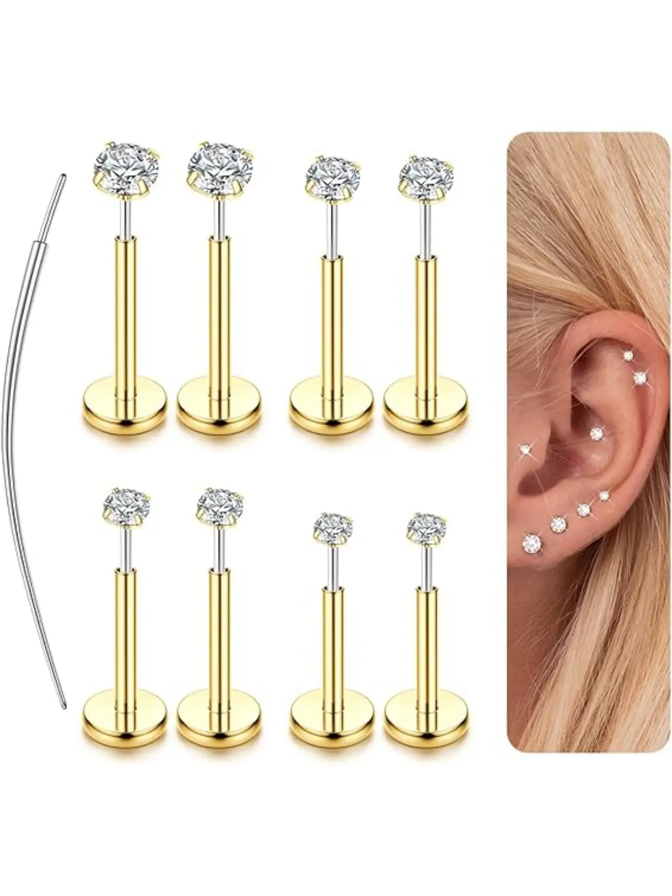 14K Gold Plated Threadless Nose Studs CZ Nose Rings for Women Men 316L Steel Labret Studs Lip Rings Push in Flat Back Stud Earrings CZ Nose Nostril Tragus Helix Cartilage Piercing Jewelry Hypoallergenic 20G 18G 16G Body Jewellery Piercing Jewelry