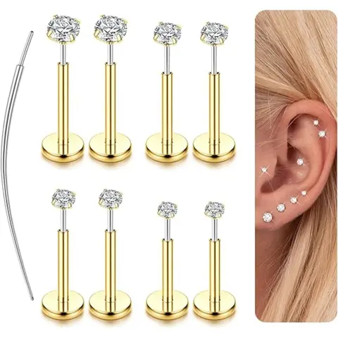 14K Gold Plated Threadless Nose Studs CZ Nose Rings for Women Men 316L Steel Labret Studs Lip Rings Push in Flat Back Stud Earrings CZ Nose Nostril Tragus Helix Cartilage Piercing Jewelry Hypoallergenic 20G 18G 16G Body Jewellery Piercing Jewelry