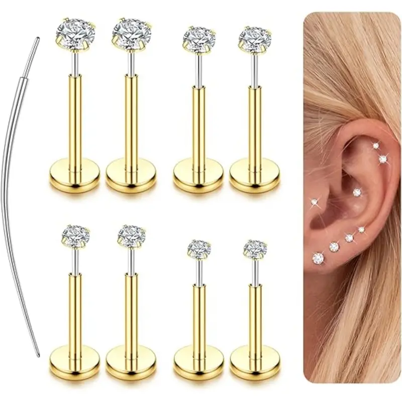 14K Gold Plated Threadless Nose Studs CZ Nose Rings for Women Men 316L Steel Labret Studs Lip Rings Push in Flat Back Stud Earrings CZ Nose Nostril Tragus Helix Cartilage Piercing Jewelry Hypoallergenic 20G 18G 16G Body Jewellery Piercing Jewelry