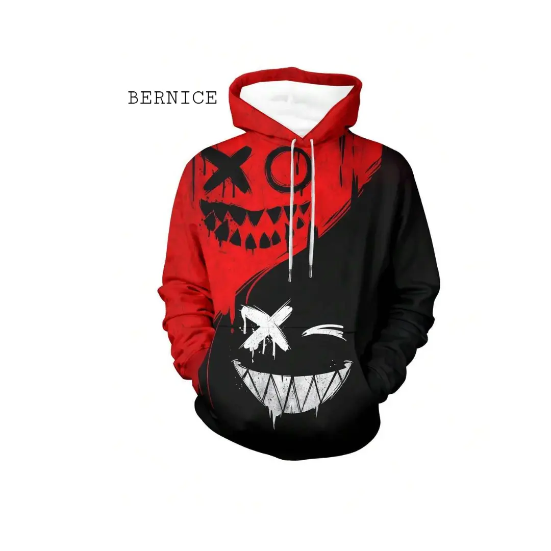 BERNICE Men's Dual-Face Smiley Graphic 3D Print Pullover Hoodie – Split Creative Monster Face Streetwear Long Sleeve Sweatshirt with Kangaroo Pocket
