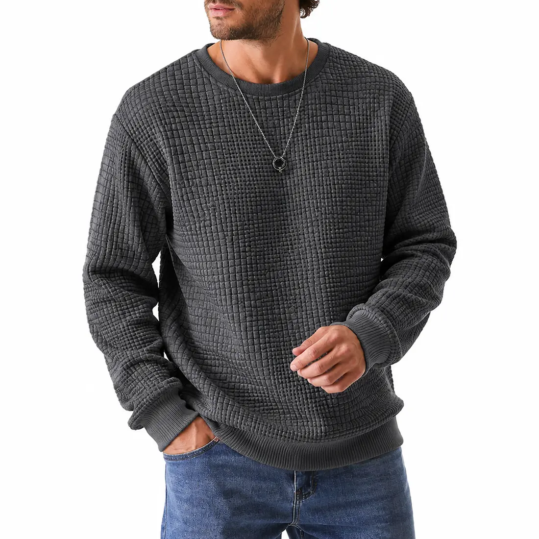 Men’s waffle-knit crew-neck T-shirt, available in multiple colors; fashionable and versatile basic style, suitable for everyday casual wear, sports, and work; men’s shirts, men’s tops. sohochic