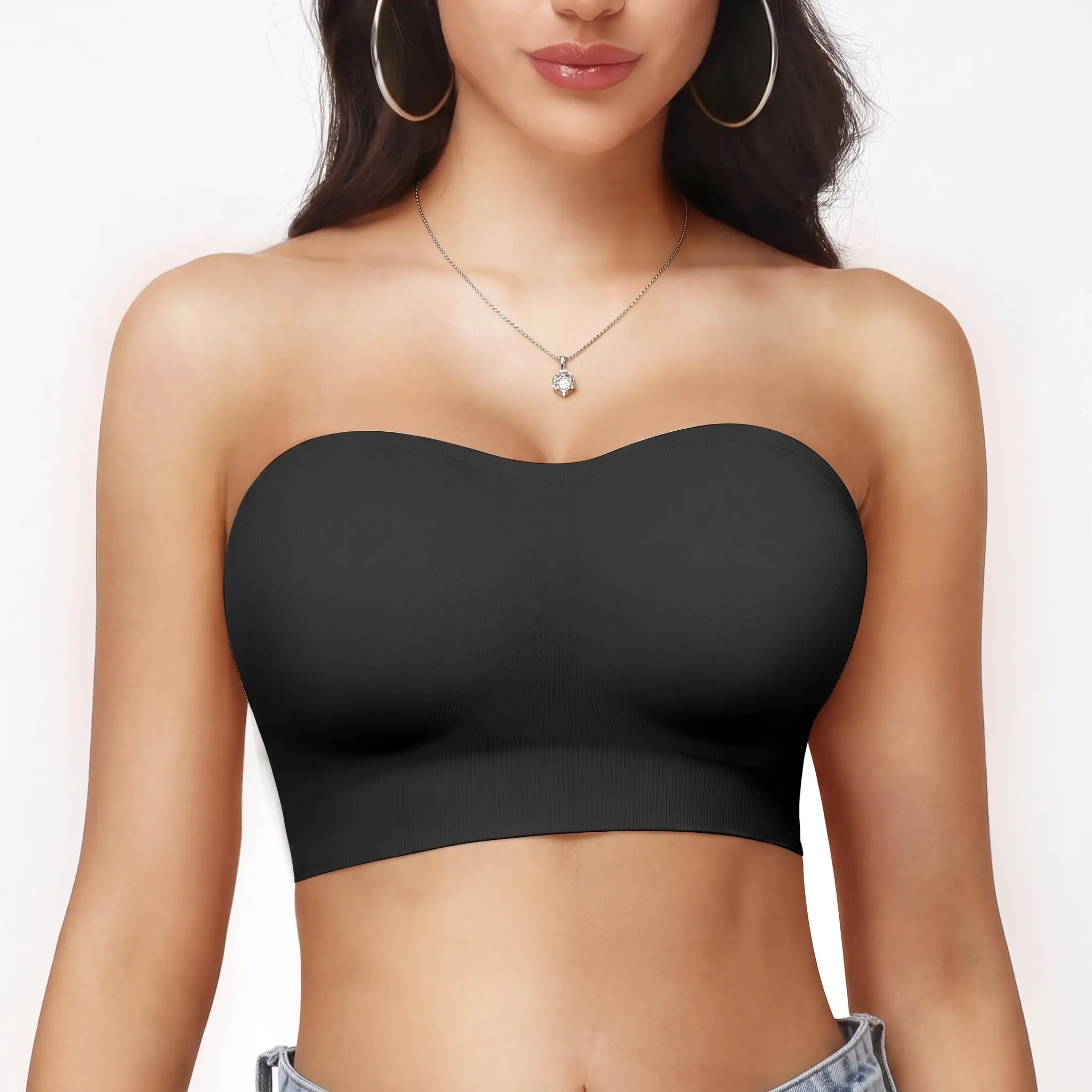PoseFree Seamless Push Up Strapless Bra for Women Non-Slip Silicone Bandeau Bra with Fabric & Clear Straps Wireless Tube Top