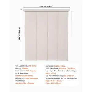 VEVOR Panel Track Blinds, Extendable Track from 45.8 in to 86 in W, Trimmable Panel Curtains Up to 96 in H, Adjustable Vertical Panel Blinds for Sliding Doors, Patio Doors, Room Divider, Light Brown