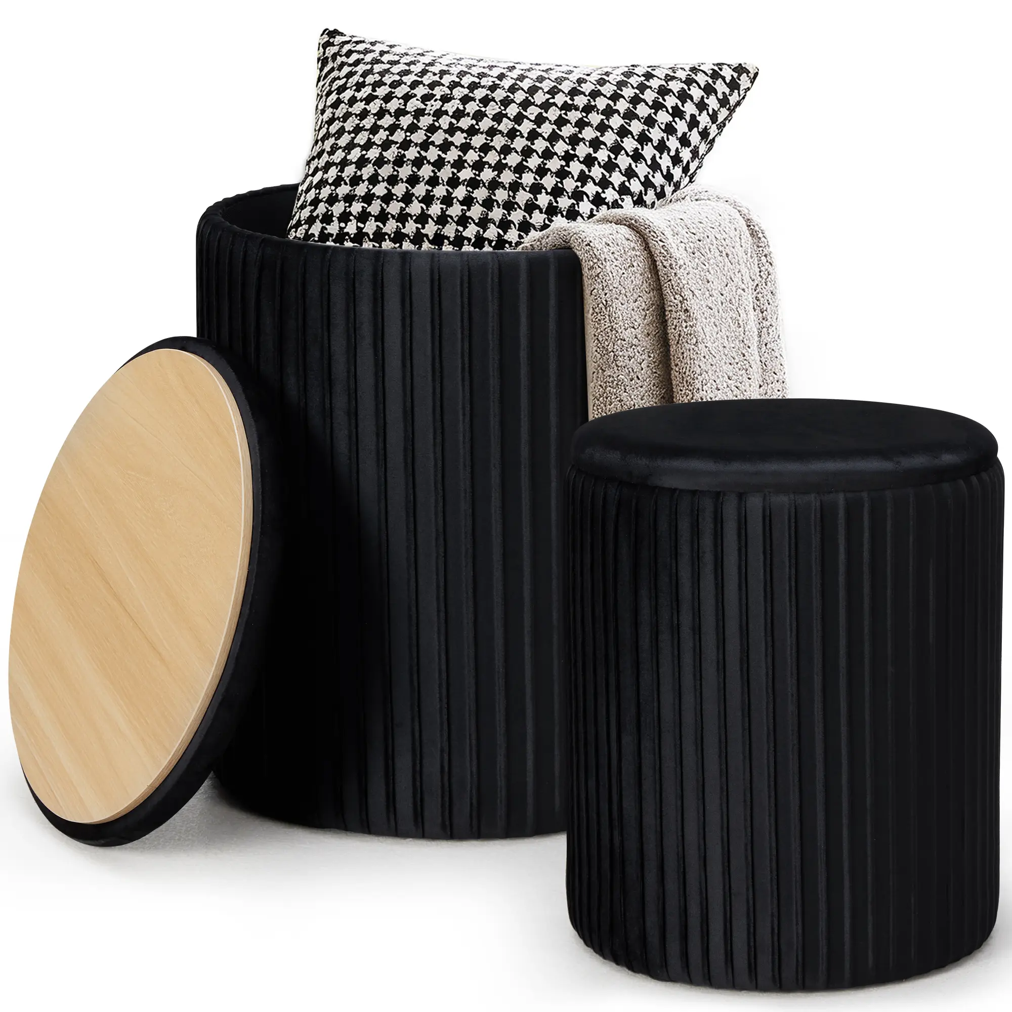 2-Piece Velvet Upholstered Foldable Round Storage Ottoman Set - Ready-to-Use Multifunctional Indoor Furniture, Footstool, Vanity Stool for Living Room, Bedroom Home Decor