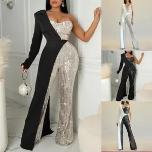 two-piece set woman Women One Long Sleeve Strapless Sequined Blazer Wide Leg Jumpsuits 2025 Evening Party One Piece Set Romper Playsuit Fitted Womenswear Light Check Overalls