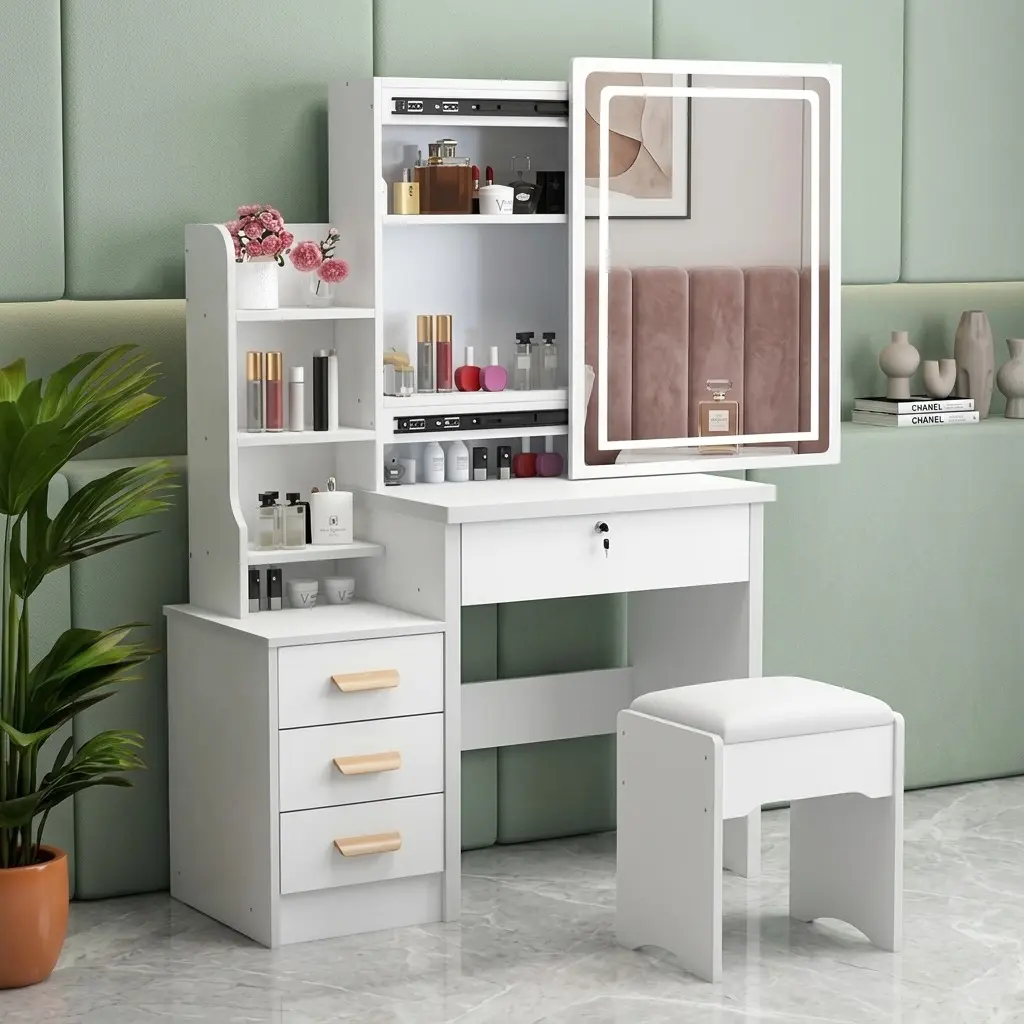 White MDF Board Sturdy Minimalist Makeup Vanity Desk with Sliding LED Lights, Touch Control 3-Color Adjustment, Storage Vanity Organizer, 34.8" Space-Saving Bedroom Furniture, Stool Included, Ideal Gift for Girls, Wife