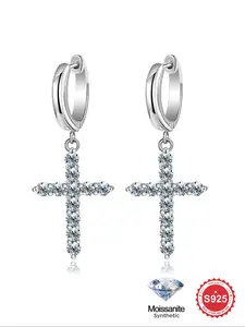 925 Sterling Silver Fashion Synthetic Moissanite Studded Cross Earrings, Elegant Jewelry for Women & Girls, Trendy All-match & Exquisite Jewelry for Birthday Gift
