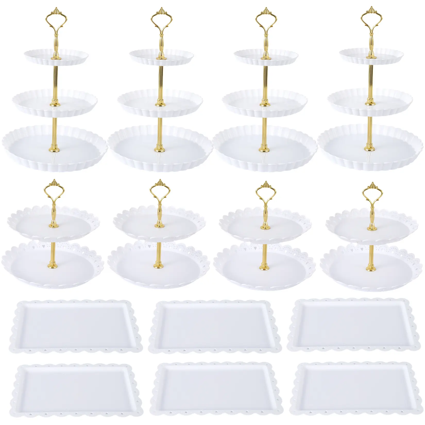 14-Piece Lightweight White Smooth Plastic Kitchen Dessert Decor Set - 36x23cm Sturdy No-Wobble Mix Tiers & Trays, 6 Rectangle Platters, 1 Round Cookie Stand, Nesting Size, Easy Assemble, for Bonfire Parties, Baby Shower, Birthday