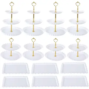 14-Piece Dessert Stand Set for Parties – White Tiered Cupcake & Cake Stands, 6 Rectangle Platters – Durable Plastic, Easy to Assemble