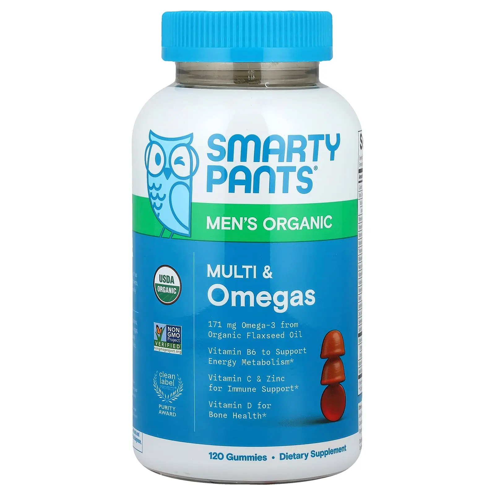 SmartyPants Men's Organic, Multi & Omegas Gummies, Raspberry, Lemon Lime, & Grape , 120 Gummies
