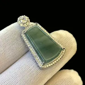 High-grade Natural Translucent Green Jade Jadeite Pendant Silver tone, w/ Necklace