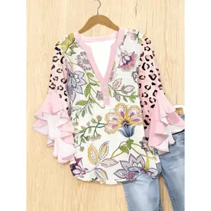 New elegant spring and summer plus-size women’s printed V-neck fashionable casual bell-sleeve shirt, fashionable everyday shirt GARMENTARY