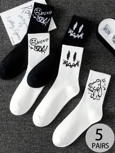 5 Pairs Ghost Face Design Graffiti Couple Socks, Basketball Sports Socks, Fall Winter Long Tube Socks, Anti-Odor Student Style