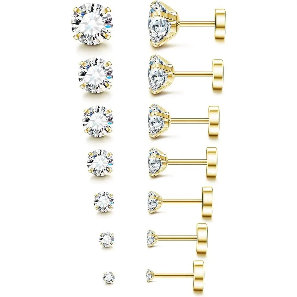 FLORIDECO Unisex 6-7 Pairs Stainless Steel Flat Back Studs, Hypoallergenic 20G Cubic Zirconia Earrings for Cartilage, Men's Earring Stack Set, Earring Set
