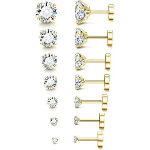 FLORIDECO Unisex Earring Set - c. 6 Pairs Tiny 20G Stainless Steel Flat/Screw Back Studs, Hypoallergenic 2mm 3mm Cubic Zirconia, Elegant Versatile Durable Cartilage Daily Wear Jewelry
