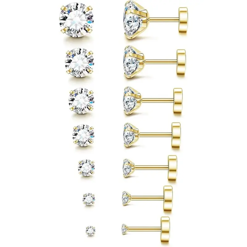 FLORIDECO Unisex Earring Set - c. 6 Pairs Tiny 20G Stainless Steel Flat/Screw Back Studs, Hypoallergenic 2mm 3mm Cubic Zirconia, Elegant Versatile Durable Cartilage Daily Wear Jewelry