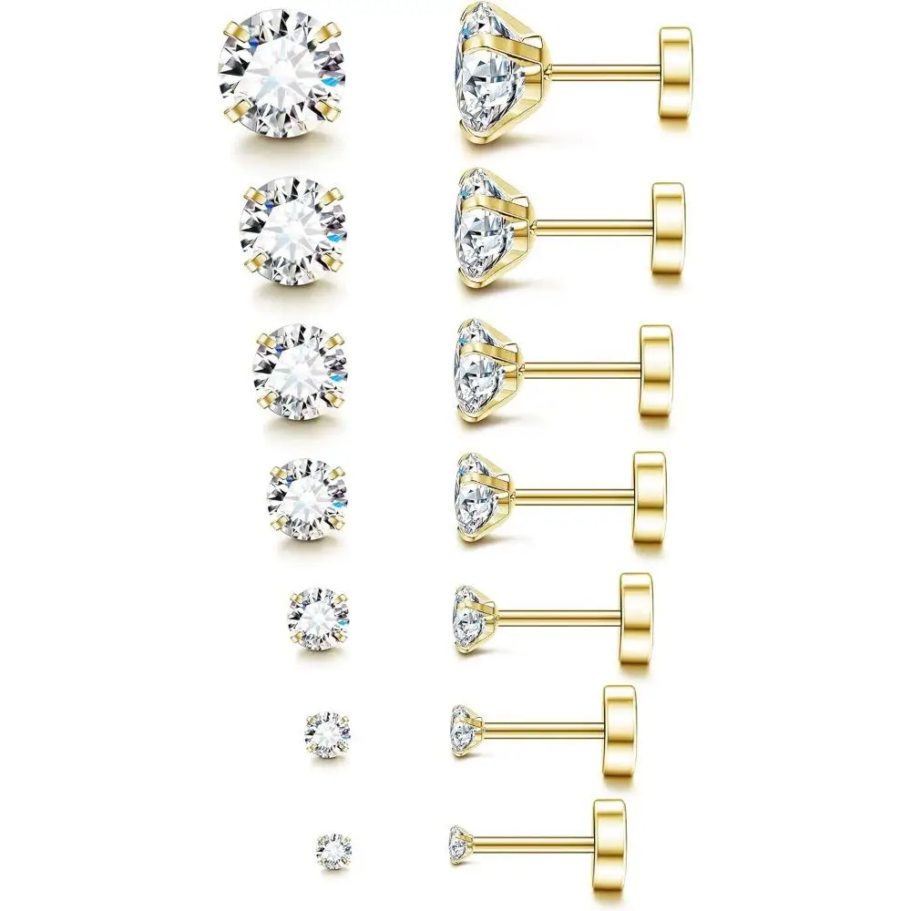 FLORIDECO 6-7 Pairs Stainless Steel 20G Hypoallergenic Cubic Zirconia Stud Earrings for Women Men Flatback Piercing Ear Cartilage Daily Wear