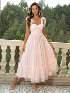 BELLAdresses Tie Shoulder Ruffle Hem Mesh Cami Dress Elegant Summer