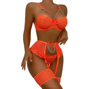 Women’s Sexy Eyelash Fishnet Lingerie Set Chain Babydoll Underwire Bra and Panty Sets with Garter Belt 4 Pieces