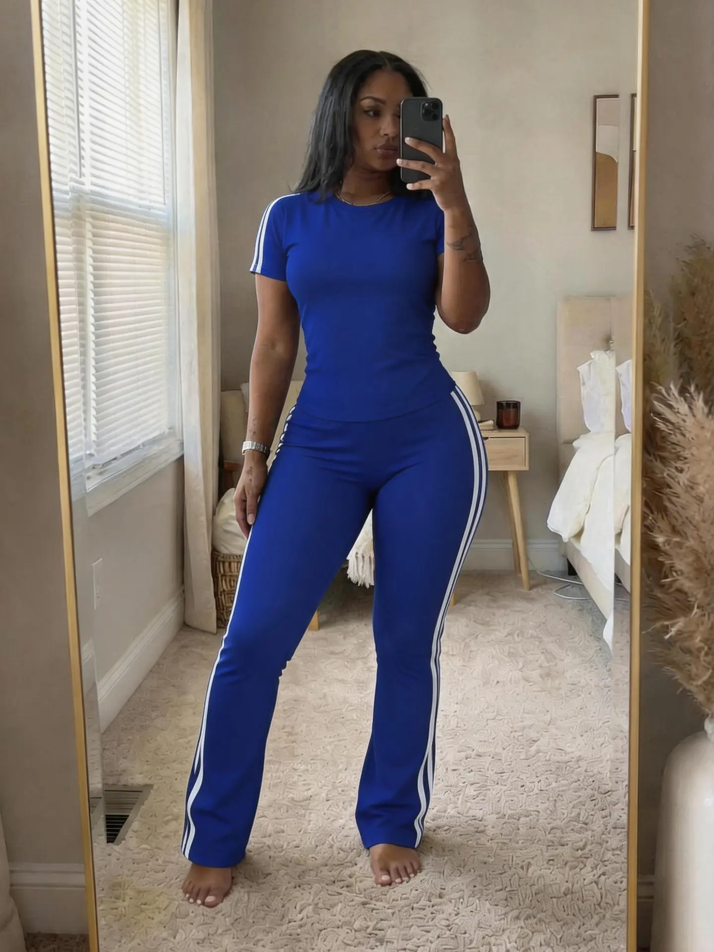 Women's 2026 Spring Fitted 2-Piece Pants & Top Set - Short Sleeve Top, High Waist Stretchy Pants, Soft Fabric, Womenswear Lounge Outfit