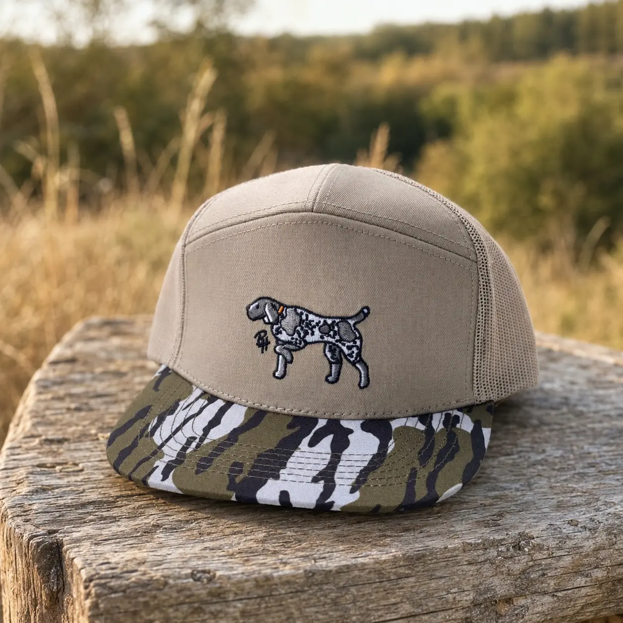 Embroidered Bird Dog Hunting Trucker Hat for Men, Camo Brim Mesh Back Snapback Cap, Adjustable Outdoor Sportsman Country Hat, Hunter Gift