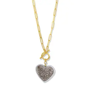 Druzy Quartz Heart Pendant Necklace – 14K Gold-Filled Statement Jewelry
