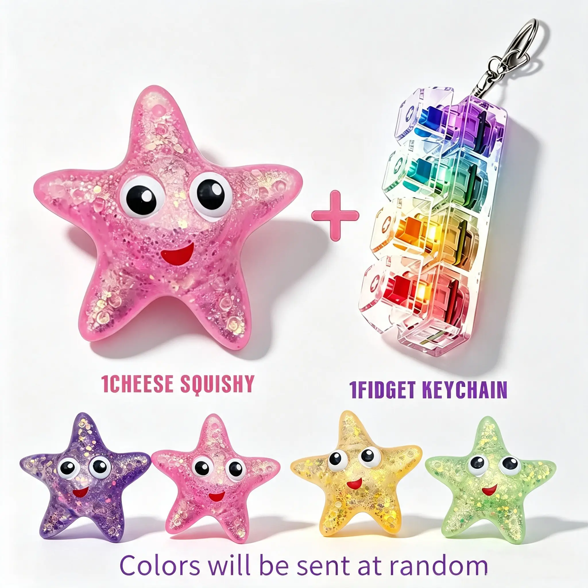 Glowing Keyboard Fidget Toy & Starfish Squishy Toy, 4‑In‑1 Stress Relief Keychain with LED Lights, Clear Keyboard Button Finger Clicker, Soft Squeeze Decompression Toy for Anxiety Relief
