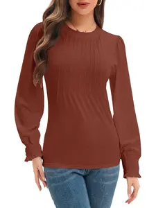 Long Sleeve Shirts Womens Pleated Business Casual Blouses with Smocked Cuffs