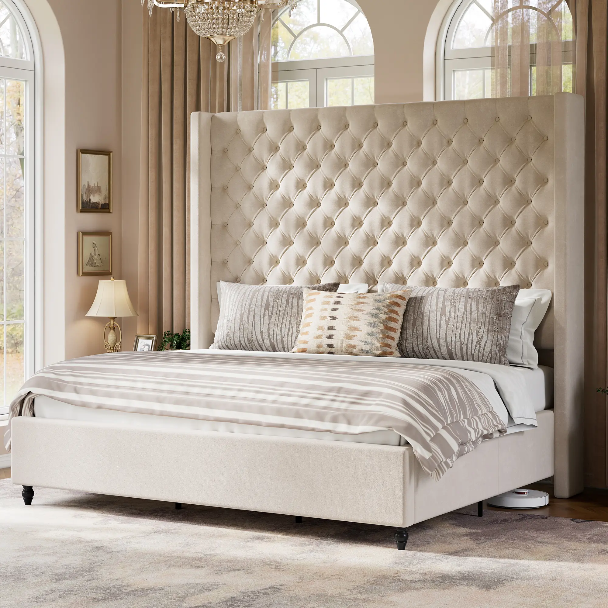 [Summerwins] [SummerFinds] AMERLIFE Bed Frame with 63" Tall Headboard, Upholstered Wingback Platform Design, Handcrafted Pleats & Deep Button Tufted, Solid Wood Legs, No Box Spring Needed