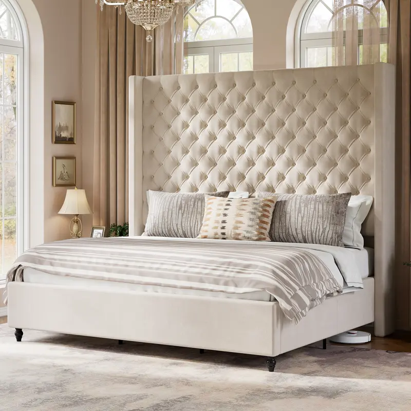 AMERLIFE Bed Frame with 63" Tall Headboard, Upholstered Wingback Platform Design, Handcrafted Pleats & Deep Button Tufted, Solid Wood Legs, No Box Spring Needed[TikTokShopFallDealsForYou]