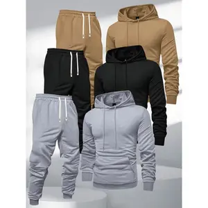 3pcs Men'S Hooded Sweatshirt and Joggers Set, Polyester Sports Tracksuit, Solid Color, Long Sleeve, Slight Stretch Knit Fabric,(Raincoats)