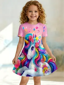 Girls Summer Flower Unicorn Print Dress, Kids Pink Heart Crew Neck Short Sleeve A-Line Dress