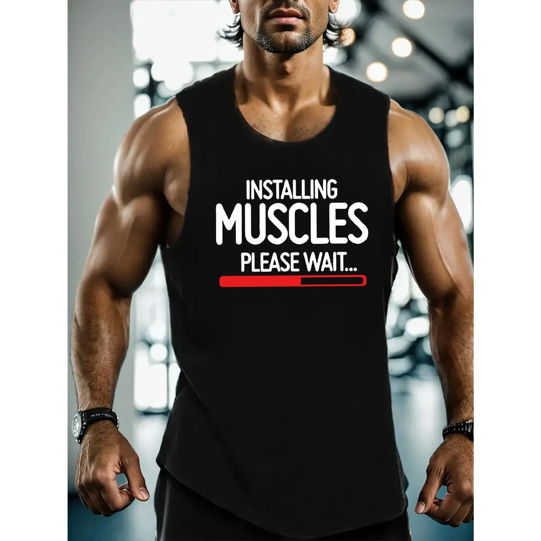 Men's Summer Cotton Regular Fit Tank Top - "Installing Muscles Please Wait" Graphic Print, Breathable Sleeveless Sporty Sports Top, Black with Red Loading Bar, Gym Casual Wear, Machine Washable Athletic Vest, Sporty Sports Tops